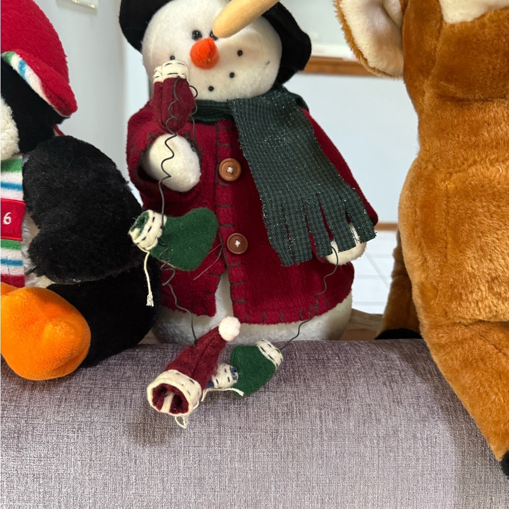 Festive Snowman Plush with Red Coat and Green Scarf